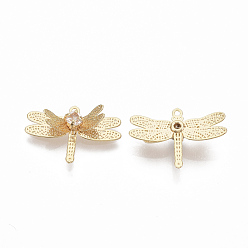 Real 18K Gold Plated Brass Cubic Zirconia Pendants, Nickel Free, Dragonfly, Clear, Real 18K Gold Plated, 14x20.5x4.5mm, Hole: 1mm