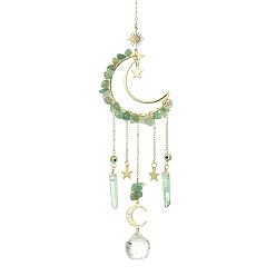 Green Aventurine Moon & Star Brass Hanging Ornaments, Natural Green Aventurine Chips and Glass Tassel Suncatchers, 300~308mm