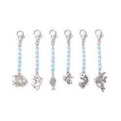 Античный Серебристый & Платиновый 6шт. подвесные украшения из цинкового сплава в виде рыб, стеклянные бусины и застежки-клешни для украшений сумок, старинное серебро и платина, 65~75 мм