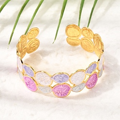 Hot Pink 304 Stainless Steel Enamel Flat Round Open Cuff Bangles for Women, Golden, PVD Vacuum Plating, Hot Pink, Inner Diameter: 2.01 inch(5.1cm)x2.24 inch(5.7cm)