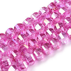 Hot Pink Transparent Electroplate Glass Beads Strands, AB Color Plated, Faceted, Round, Hot Pink, 8x7mm, Hole: 2mm, about 60pcs/strand, 14.96 inch(38cm)