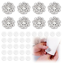Серебро 8шт. латунные запонки со стразами, плоско-круглые, с 30 пластиковыми кнопками шт., серебряные, 20~21.5x14 мм