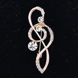 Golden Alloy Crystal Rhinestone Brooch, Music Note, Golden, 51x17mm
