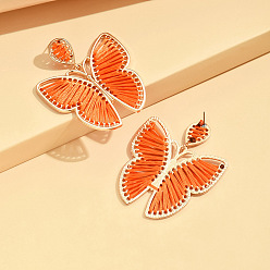 Темно-оливково-зеленый Серьги-гвоздики в богемном стиле из сплава и хлопка., плетеная бабочка, золотые, темно-оливковый зеленый, 57x48 мм