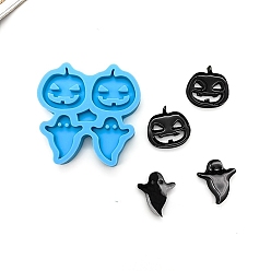 Deep Sky Blue Pumpkin Jack-O'-Lantern & Ghost DIY Pendant Silicone Molds, Resin Casting Molds, For UV Resin, Epoxy Resin Jewelry Making, Halloween Theme, Deep Sky Blue, 72x72.5x9mm, Hole: 2.5mm, Inner Diameter: 31x31mm & 31x26mm