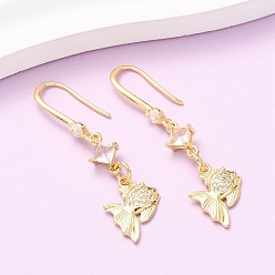 Золотой Серьги-подвески в форме рыбок из латуни с микропаве из прозрачных кубических цирконий, долговечный, стойки покрытие, без кадмия и без свинца, золотые, 46x12 мм