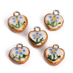 Cornflower Blue Handmade Porcelain with Brass Pendants, Heart with Flower Charms, Hand Painted, Famille Rose Porcelain, Golden, Cornflower Blue, 16.5~19x15.5x7mm, Hole: 2.5~3mm