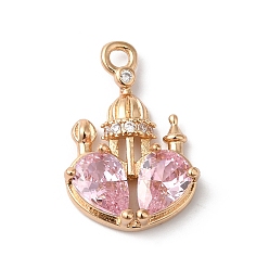 Pink Латунные подвески, со стеклом, очарование замка, розовые, 20x13x4 мм, отверстие : 1.6 мм