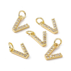 Letter V Real 18K Gold Plated Brass Micro Pave Clear Cubic Zirconia Charms, with Jump Ring, Letter.V, 11x9.5x2.5mm, Hole: 3.4mm