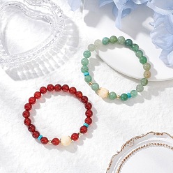 Mixed Stone Natural Carnelian and Natural Green Aventurine Stretch Bracelets, Inner Diameter: 2-1/4 inch(5.7cm), 2pcs/set