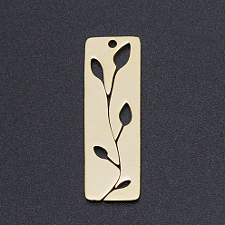 Golden 201 Stainless Steel Pendants, Rectangle with Leaf, Golden, 28x9x1mm, Hole: 1.4mm