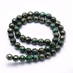 Green Dyed Natural Pyrite Beads Strands, Faceted, Round, Green, 8mm, Hole: 1mm, about 50pcs/strand, 15.7 inch(40cm)
