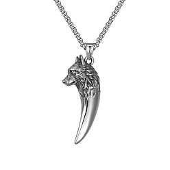 Plata Antiguo & Color de  Acero Inoxidable 304 Collares con colgante de diente de cabeza de lobo de acero inoxidable para hombre, plata antigua y el color de acero inoxidable, 23.62 pulgada (60 cm)