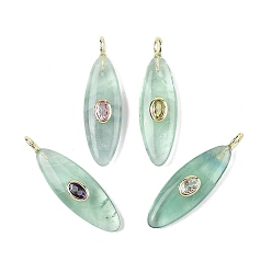 Флюорит Естественный зеленый подвески флюорита, Подвески в виде конского глаза с латунной микрофиброй из кубических цирконий (случайного цвета), золотые, 41x12x7 мм, отверстие : 2x4 мм