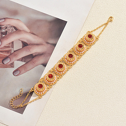 Golden Elegant Crown Alloy Pave Red Cubic Zirconia Flat Round Link Chain Bracelets for Women, Golden, 7.48 inch(19cm)