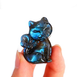 Cat Shape Резные скульптуры из натурального лабрадорита, украшения для выставки, для украшения домашнего офиса, форма кошки, 38x26 мм