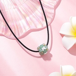 Зеленый Авантюрин Натуральный зеленый авантюрин и стеклянные бусины, ожерелья с подвесками в виде цветка, ожерелья из черного вощеного хлопкового шнура для женщин, платина, 17.40 дюйм (44.2 см)