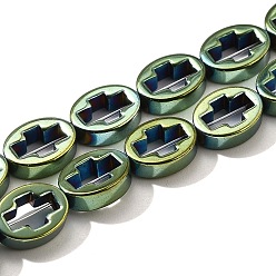 Зеленое Покрытие Гальванические нити из синтетических немагнитных гематитовых бусин, овальные с крестом, зеленый покрытием, 8x6x2.5 мм, отверстие : 0.6 мм, около 49 шт / нитка, 15.35'' (39 см)