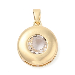 Clear Rack Plating Brass Pendants, Polygon Shaped Glass Charms, Long-Lasting Plated, Cadmium Free & Lead Free, Real 18K Gold Plated, Flat Round, Clear, 21x18x7mm, Hole: 3x5.5mm