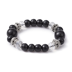 Черный Эластичный браслет из натурального дерева и стекла с круглыми бусинами, чёрные, внутренний диаметр: 2 дюйм (5 см)