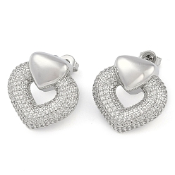 Платина Серьги-гвоздики в форме сердца из прозрачного кубического циркония, украшения из латуни для женщин, платина, 19x19.5 мм