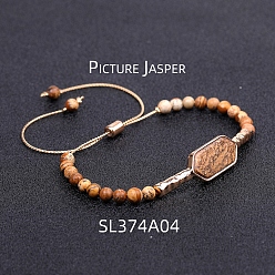 Picture Jasper Natural Picture Jasper Hexagon Link Bracelet, Braided Bead Adjustable Bracelet, 5-7/8~11 inch(15~28cm)