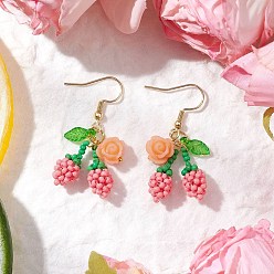 Pink Цветок с вишней 304 серьги-подвески из нержавеющей стали и стеклянных бусин, с рыболовной нитью, нейлоновой проволокой, акриловыми подвесками и смолой, золотые, розовые, 42x18 мм