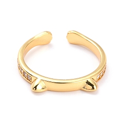 Golden Brass Micro Pave Clear Cubic Zirconia Cuff Rings, Open Rings, Cute Cat, Golden, US Size 7, Inner Diameter: 18mm