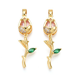 Pink Латунные микро проложить кубического циркония подвески, без кадмия и без свинца, , реальный 18 k позолоченный, розовые, 32~33.5x11x6.5 мм, отверстие : 5x2.5 мм