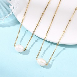 Golden Natural Pearl Rice Pendant 304 Stainless Steel Satellite Chain Necklaces for Women, White, Golden, 15.79 inch(40.1cm)