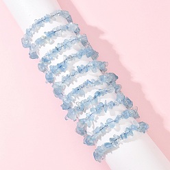 Sky Blue Grade A Natural Aquamarine Beaded Stretch Bracelets for Women, Chip, Sky Blue, Inner Diameter: 1.87~2.01 inch(4.75cm~5.1cm)