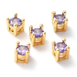 Лиловый Подвески-слайдеры с инкрустацией из фианита и латуни, реальный 18 k позолоченный, плоско-круглые, сирень, 4.5x4.5x5 мм, отверстие : 1x1.5 мм