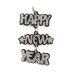 Серебро Подвески из смолы, с платиновой железной петлей и пудрой с блестками, С Новым годом!, серебряные, 43.5x29.5x2.5 мм, отверстие : 5.5 мм