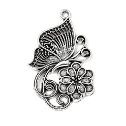 Antique Silver Tibetan Style Alloy Pendants, Butterfly & Flower Charms, Antique Silver, 34x22.5x3mm, Hole: 2mm