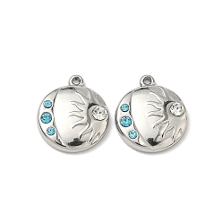 Нержавеющая Сталь Цвет 304 из нержавеющей стали горный хрусталь подвески, плоский круглый с шармом солнца и луны, цвет нержавеющей стали, 18x15x3.5 мм, отверстие : 1.2 мм