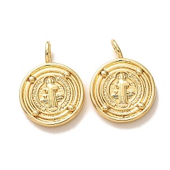 Real 18K Gold Plated Brass Pendants, Flat Round with St. Benedict Charms, Real 18K Gold Plated, 22.5x16.2x2mm, Hole: 4.5x2.5mm