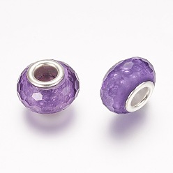 Dark Violet Faceted Resin European Beads, Large Hole Rondelle Beads, with Silver Tone Brass Cores, Dark Violet, 14x9mm, Hole: 5mm