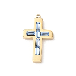 Свет Сапфира 304 из нержавеющей стали горный хрусталь подвески, крест прелести, реальный 14 k позолоченный, света сапфир, 25x15x3.5 мм, отверстие : 1.8 мм