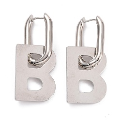 Silver Initial Brass Dangle Hoop Earrings, Letter B Drop Earrings for Women, Silver, 26.5x19x2mm, Pin: 0.7mm