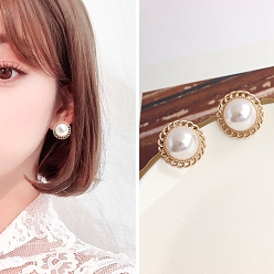 Half Round Alloy Imitation Pearl Stud Earrings for Women, with 925 Sterling Silver Pin, Half Round, 18x12mm