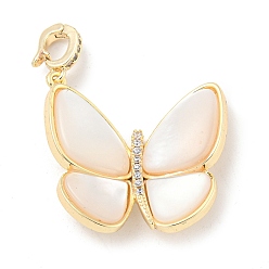 Real 18K Gold Plated Brass Micro Pave Clear Cubic Zirconia Pendants, Cadmium Free & Nickel Free & Lead Free, with white Shell, Butterfly Charms, Real 18K Gold Plated, 27.5x26x5.5mm, Hole: 4x3mm