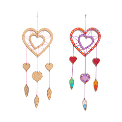 Mixed Color DIY Heart Wind Chime Making Kits, Including 1Pc Wood Plates, 1 Card Cotton Thread and 1Pc Plastic Knitting Needles, for Children Painting Craft, Mixed Color, Thread & Needle: Random Color