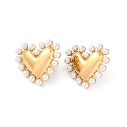 Настоящее золото 18K 304 серьги из нержавеющей стали, с пластиковой бусинкой, имитирующей жемчуг, сердце, реальный 18 k позолоченный, 28x30 мм