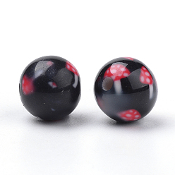 Black Opaque Printed Acrylic Beads, Round with Mushroom Pattern, Black, 10x9.5mm, Hole: 2mm