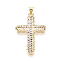 Настоящее золото 18K Латунные микропаве прозрачные подвески с фианитом, крест прелести, реальный 18 k позолоченный, 34x22x3 мм, отверстие : 4.5x3.5 мм