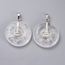 Хрусталь Природного кварца хрустальных подвесок, с латунной фурнитурой платинового цвета, пончик / пи диск с буддой, 35.5x30x8.5~9.5 мм, отверстие : 4.5x6.5 мм