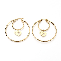 Golden 304 Stainless Steel Hoop Earrings, Textured, Ring Shape with Double Heart, Golden, 53x50x2mm, Pin: 0.7mm