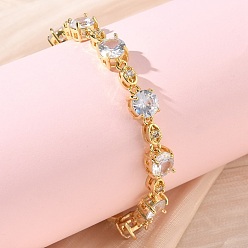 Настоящее золото 18K Браслет из цепочек с плоскими круглыми и овальными звеньями из прозрачного кубического циркония, украшения из латуни для женщин, без кадмия и без свинца, долговечный, стойки покрытие, реальный 18 k позолоченный, 7.68 дюйм (19.5 см)