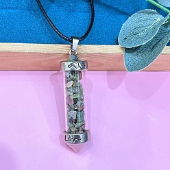 Синтетическая Бирюза Кулон из цинкового сплава в виде шестиугольной стеклянной бутылки с внутренними вкраплениями синтетической бирюзы, ожерелье из черной искусственной кожи., платина, 19.69 дюйм (50 см)