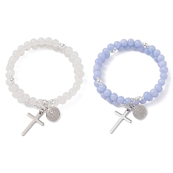 Смешанные камни 2шт. браслеты из двух нитей натурального крашеного голубого кружевного агата и белого нефрита, 201 женские браслеты с подвесками из нержавеющей стали, крест и плоский круг со святым Бенедиктом, внутренний диаметр: 1.93 дюйм (4.9 см)